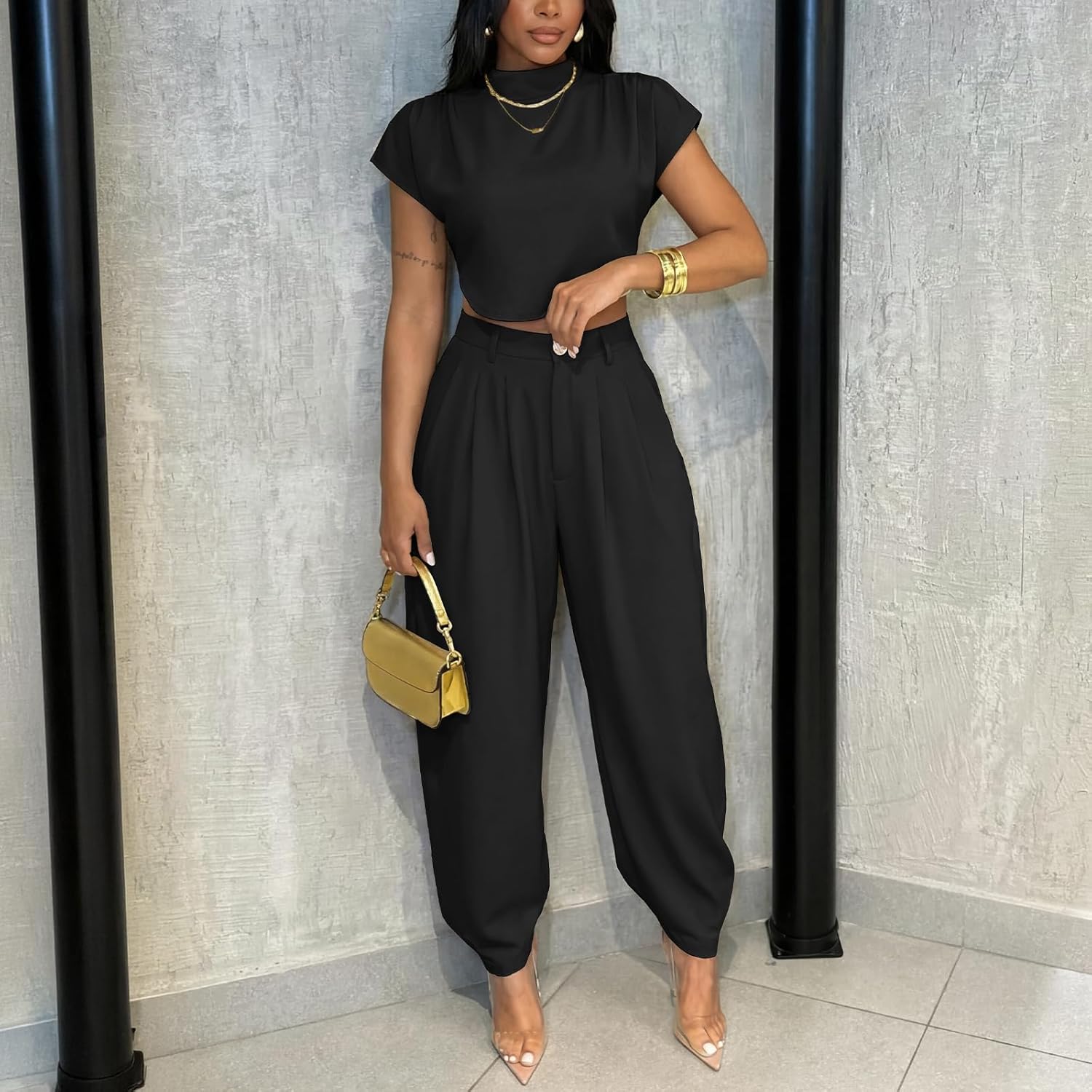 kaimimei 2 Piece Sets for Women Casual Mock Neck Cap Sleeve Crop Tops and Palazzo Pants Vacation Travel Outfits - Image 5