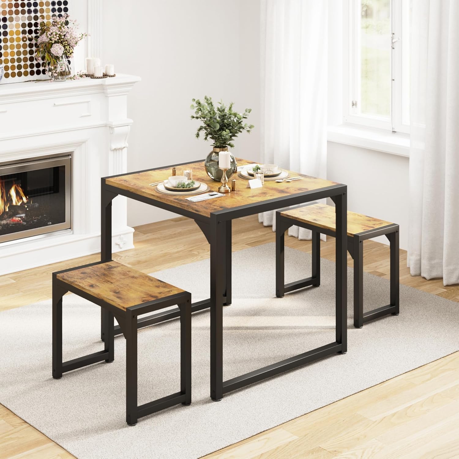 table set for 2 with steel frame, kitchen table with 2 benches for small space, space saving dining room table set for restaurant, kitchen, living room, retro