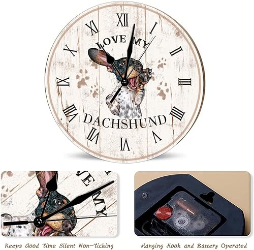 Vista 3 de Love My Dachshund Reloj de pared de madera Shabby Chic Retro de 15 pulgadas, reloj de pared redondo de perro salchicha reloj de pared silencioso sin