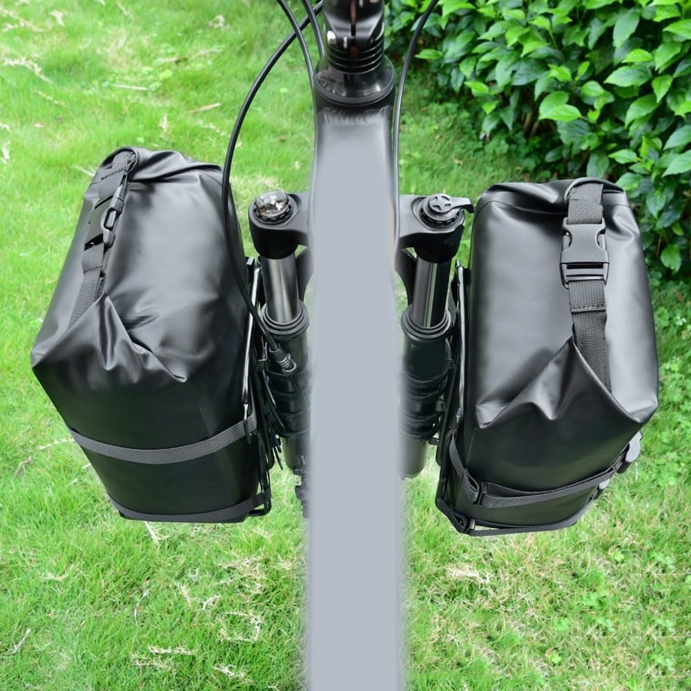 Sac de fourche avant de vélo étanche 10 L avec porte-fourche en métal pour vélo de randonnée (2 x porte-bagages + 2 sacs)