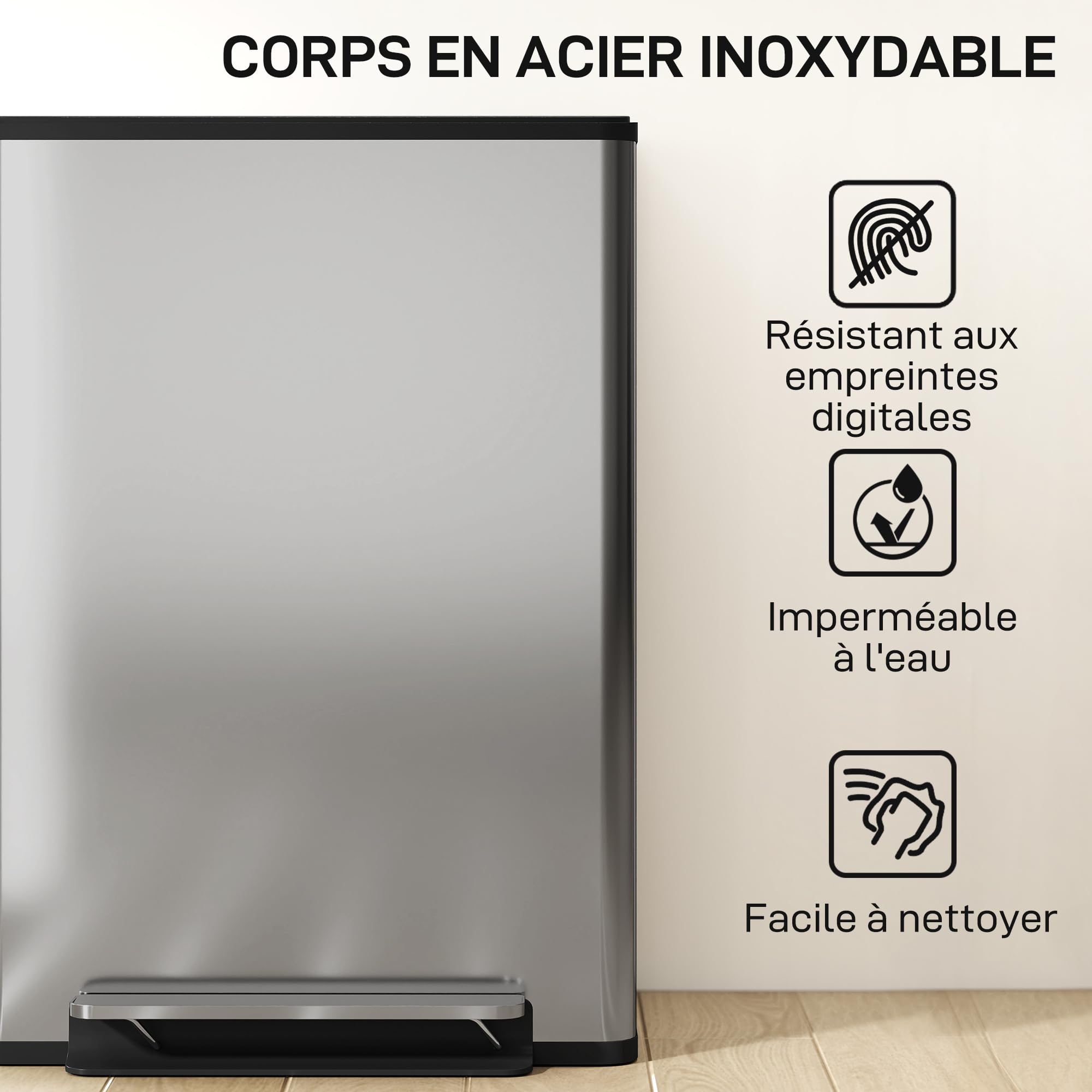 HOMCOM Poubelle à double compartiment 2 x 30L, poubelle de cuisine à pédale tri sélectif en acier inoxydable, seaux intérieurs, couvercle à fermeture douce et maintien en ouverture, poignées, argent