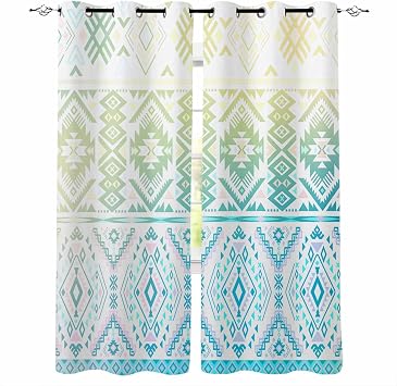 Ombre Aztec Blackout Curtains 84 Inches Length, Boho Blue Green Geometric Tribal Ethnic Bohemian Window Treatment Thermal Insulated Drapes for Bedroom Living Room 2 Panels 84x84 Inches