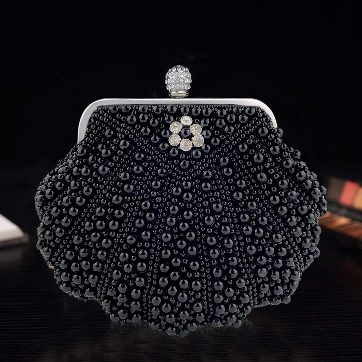 NICOLE & DORIS Cartera de Mano Fiesta, Clutch Mujer Bolso al Hombro para Mujer Retro Beaded Perlas Bolso de Noche Bolso de Embrague para Ceremonia Boda Novia Negro