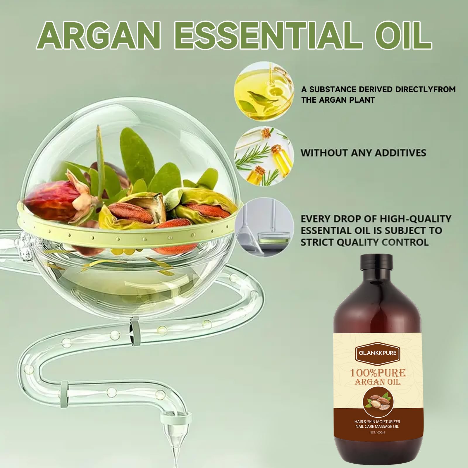 100% Reines Arganöl, Premium Ätherisches Öl für Haare, Haut, Nägel, Massage, Feuchtigkeitspflege, Mehrzweck Körperöl, 1000ml