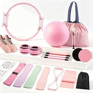 Pilates Kit for Home Workouts, 19-Piece Full Body Fitness Equipment Set with 14.5" Pilates Ring, 9.8" Exercise Ball, Resistance Bands, Core Sliders & Ankle Weights for Women and Beginners