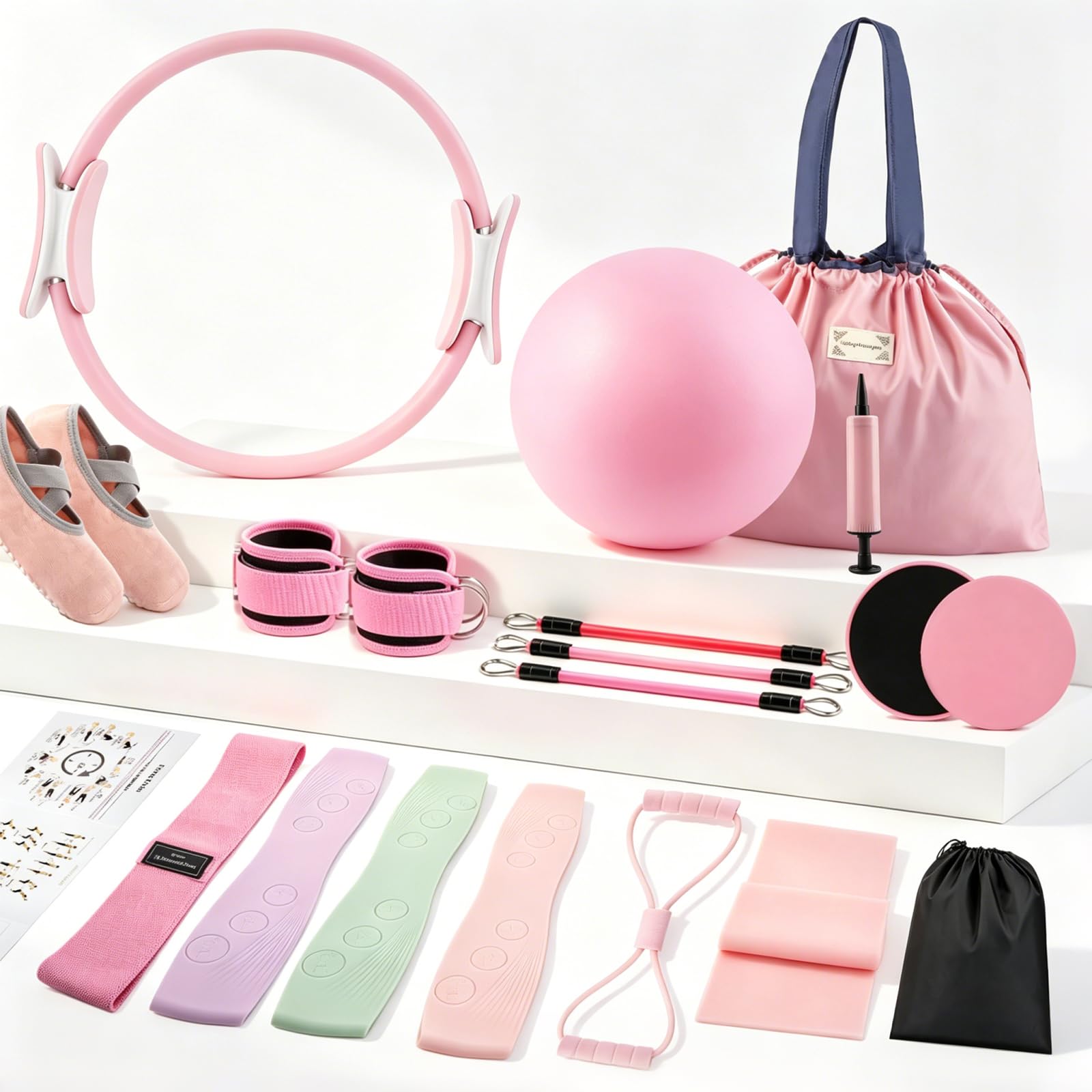 Juego de 18 anillos de pilates para mujer, equipo de pilates de entrenamiento en casa con bandas de resistencia, círculo mágico de 14 pulgadas, mini bola, kit de inicio de pilates para fuerza