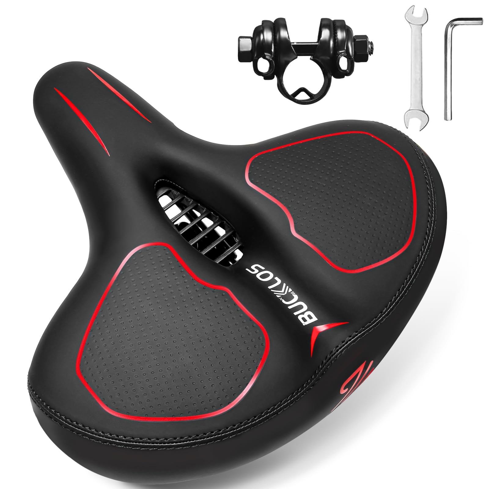 BUCKLOS Extra Wide Comfort Bike Seat Cushion Bicycle Big Soft Foam Padded Seats for Men Women- Exercise Bike/Peloton/Ebike/Stationary Bike/Spin Bike
