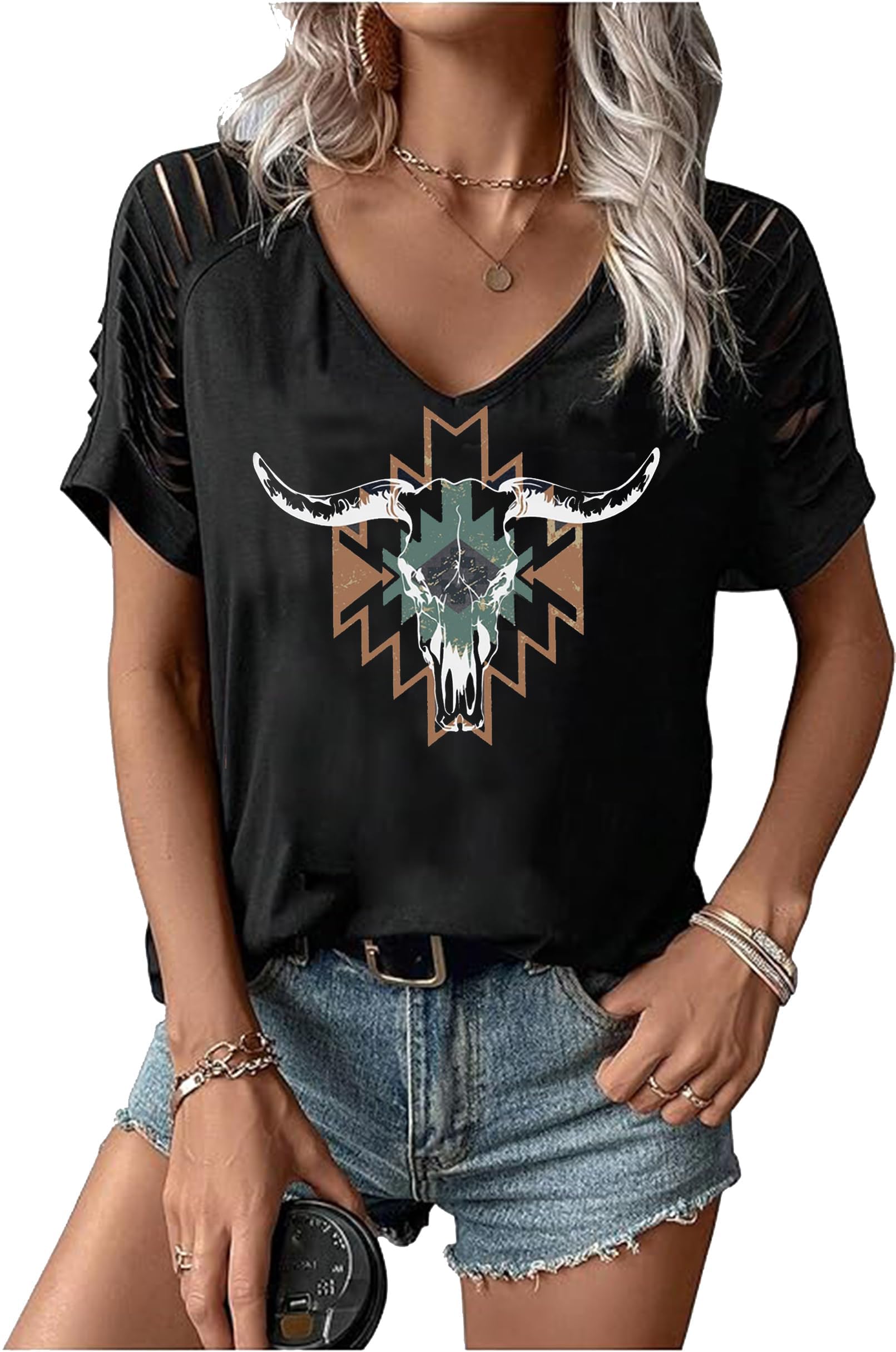 LANMERTREE Cut Out V Neck T Shirts Nashville Outfits for Women Casual Loose Shirt Country Music Graphic Tee Shirts