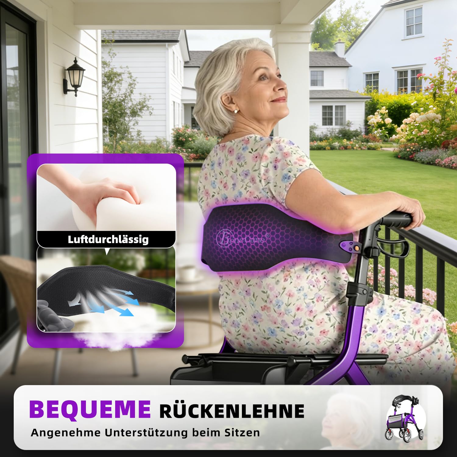 BeneCane Rollatory outdoorowe, składany i lekki, z siedziskiem, pomoc przy wstawaniu, pomoc w chodzeniu dla seniorów, łatwe składanie, regulacja wysokości, z siedziskiem, paskiem na plecy, torbą