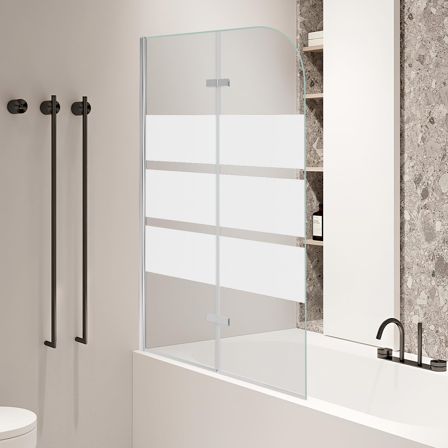 Mampara de ducha para bañera 100 x 140 cm, 2 piezas, plegable | Cristal templado de seguridad de 6 mm, nano a doble cara, giratorio 180°, fácil de limpiar, serigrafía blanca