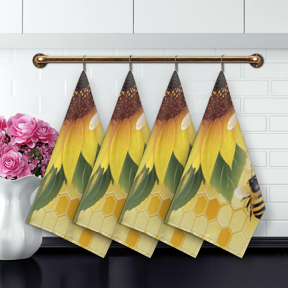 Paños de cocina de 45 x 72 cm, paños de cocina suaves y absorbentes de microfibra de secado rápido para baño, decoración del hogar, girasol, abeja, paquete de 4