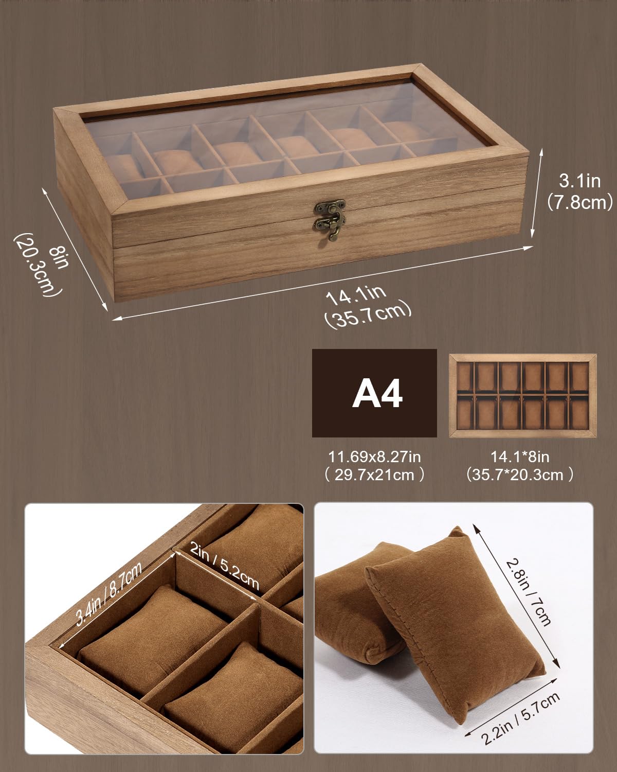Uten Caja de Relojes con 12 Compartimentos, Caja para Reloje Madera, Tapa de Vidrio y Almohada Algodón Seda, Forro Marrón, para Exhibición y Almacenamiento de Relojes Joyería, Regalo Ideal