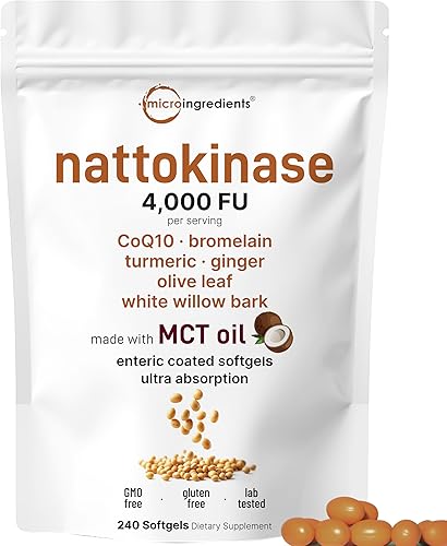 Micro Ingredients Nattoquinasa equivalente a 4,000 FU, 240 cápsulas blandas con recubrimiento entérico con aceite MCT  Suplemento cardiovascular de