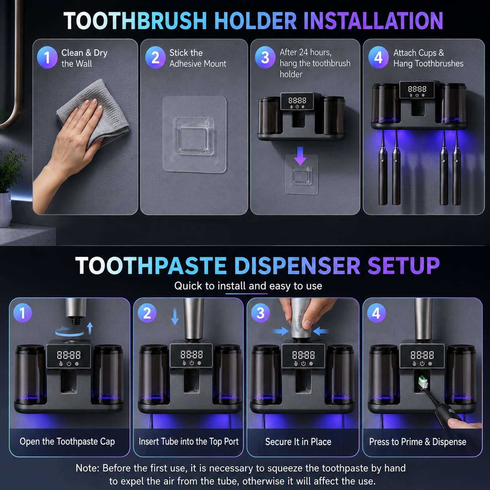 Soporte para cepillo de dientes montado en la pared con 2 vasos, caja de limpieza inteligente con limpieza y secado, dispensador de pasta de dientes eléctrico con 4 ranuras para cepillos de dientes
