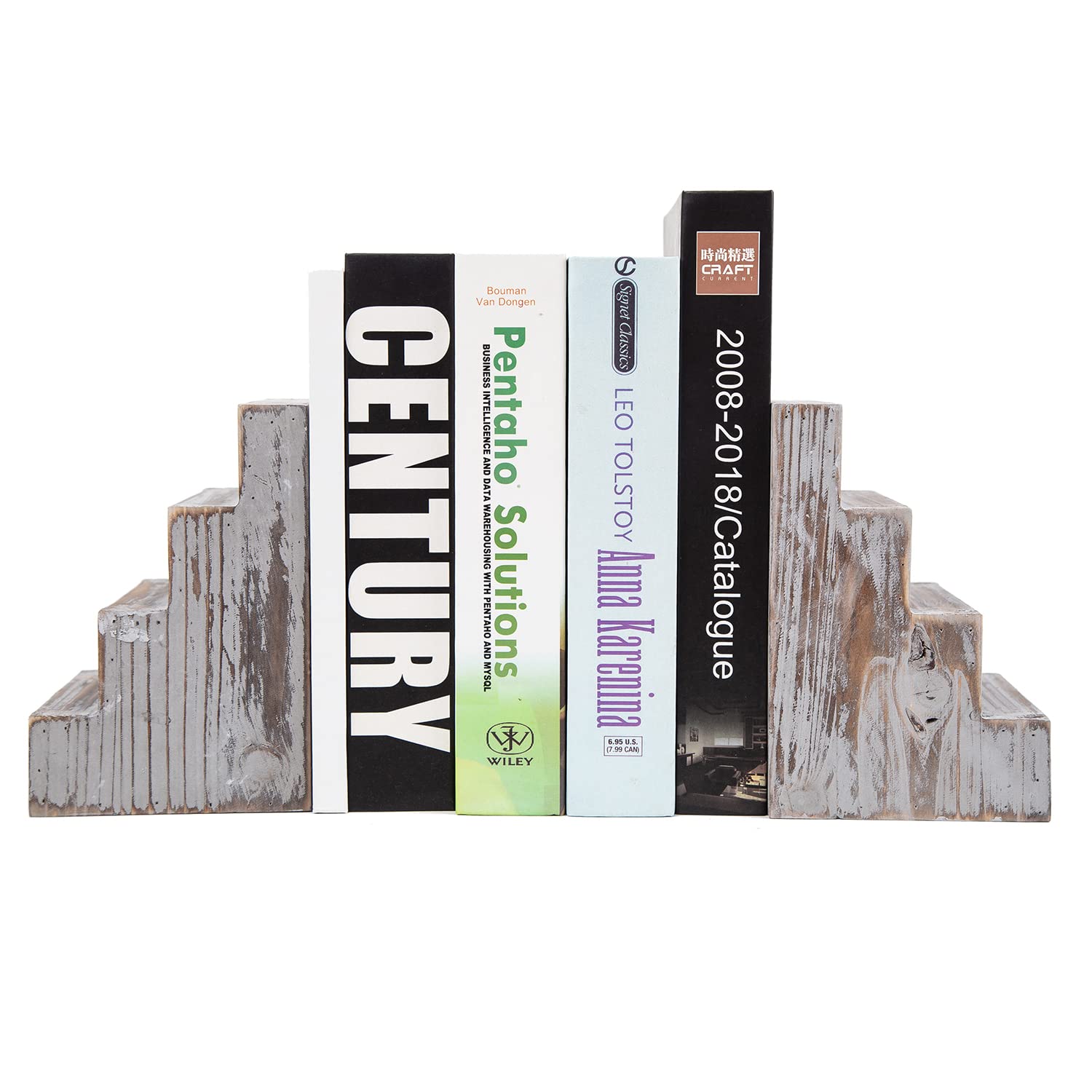ExoLiry Rustic Wooden Bookend Torched Wood Book Stand Stair Design Decorative Desktop Bookshelf Set of 2 Display Shelf Organizer 1 Pair for Office Home Heavy Books Magazine File Folder Table Desk