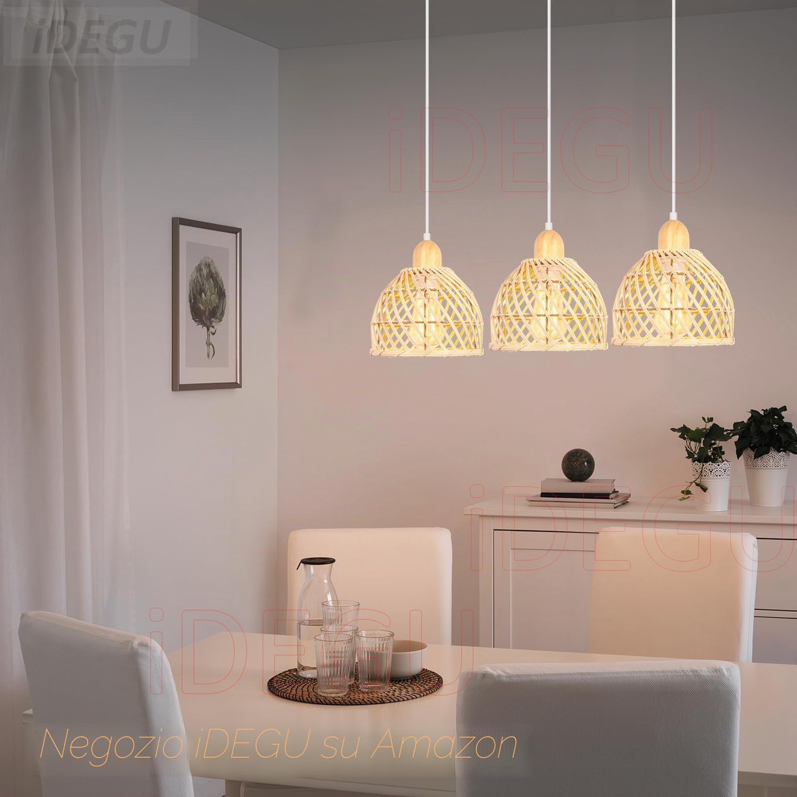 iDEGU 3 Lampade a Sospensione, Moderna, Lampada da Soffitto, in Legno e Bambù, Spirale, Vintage, E27, Lampada da Soffitto, Retro, Lampada a Sospensione, Rattan, per Sala da Pranzo, Cucina, Soggiorno