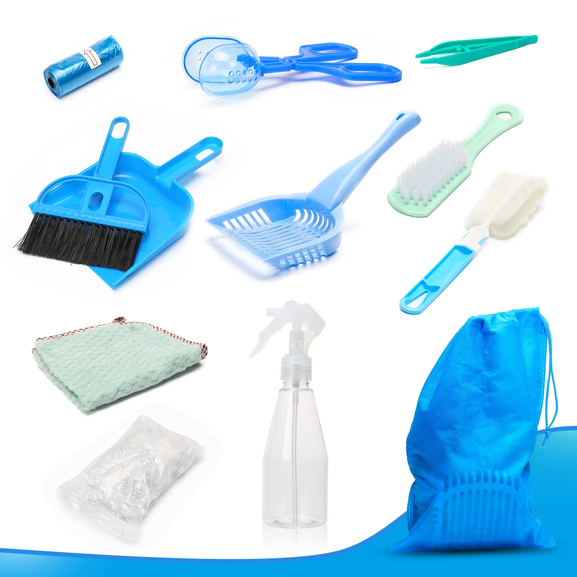 Ephoria Pet Cage Cleaner Tool,13-Piece Cleaning Tools for Cat Dog Rabbit Hamster Guinea Pig Bird Parrot Lizard for Pets Cages Playpen Bedding Brush Rag Manure Shovel with Storage Bag