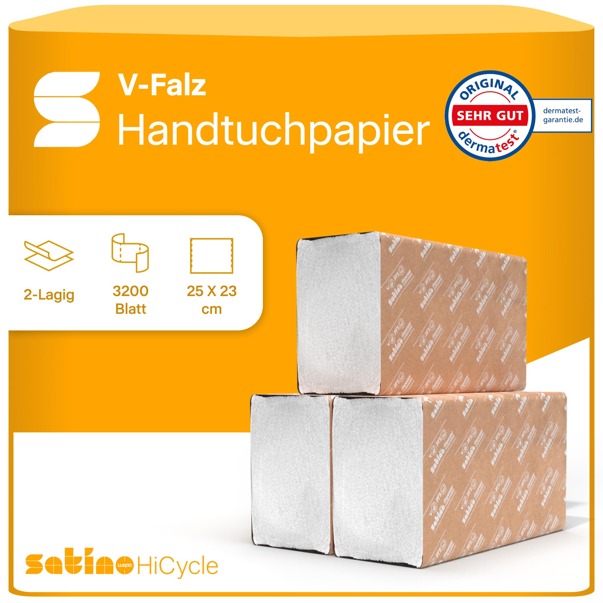 Satino – 3.200 Papierhandtücher – 2 lagig – 25 x 23 cm (gefaltet: 25 x 11,5 cm) – ZZ-Falz/V-Falz - saugstark & fusselfrei - Handtuchpapier aus Recyclingpapier - Papiertücher für PT3 & H3 – Papier
