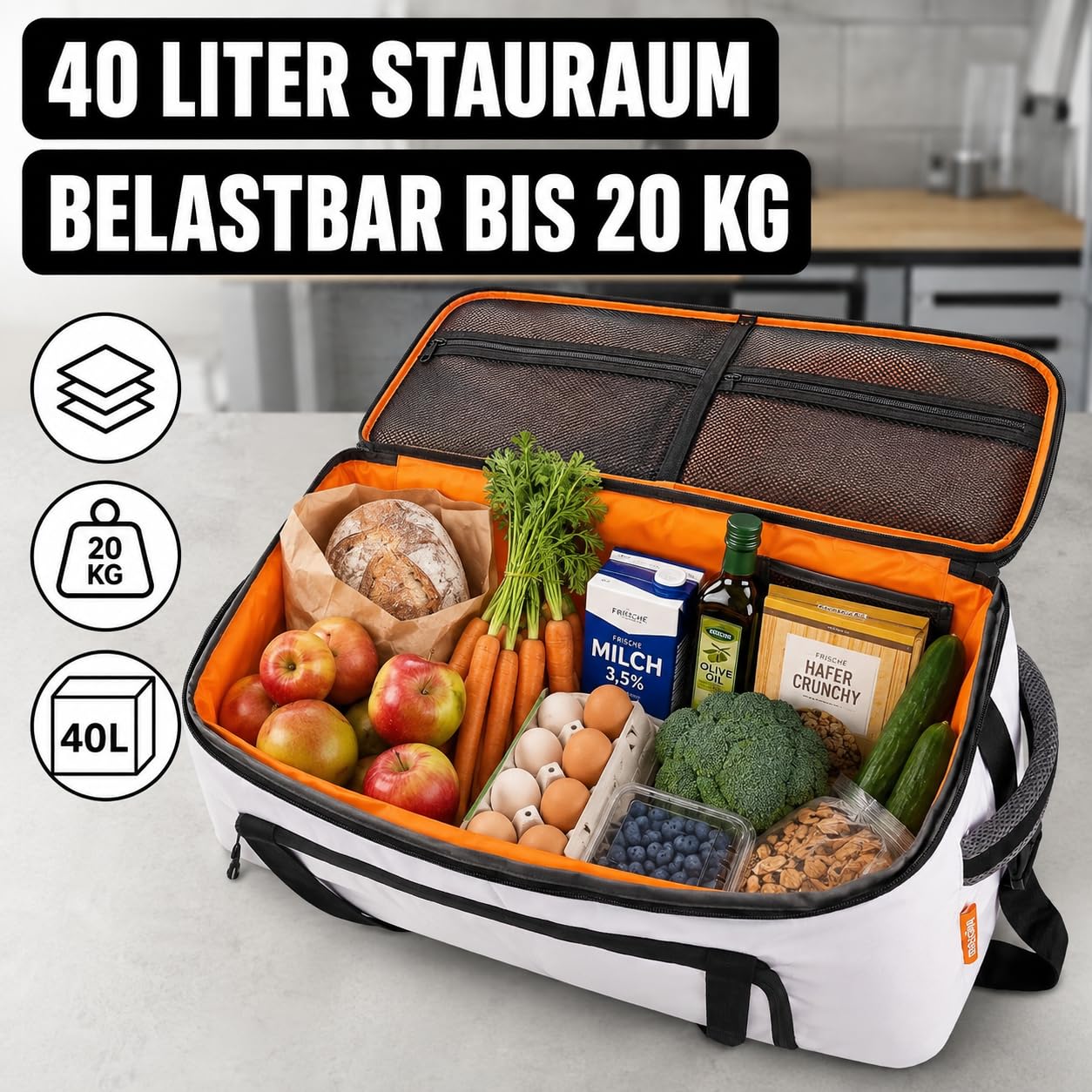 Zaino per la spesa, grande telone, 40 l, perfetto per la spesa/come sacco a pressione per bicicletta, impermeabile, per uomo e donna, portata fino a 20 kg (V2/nero/bianco)