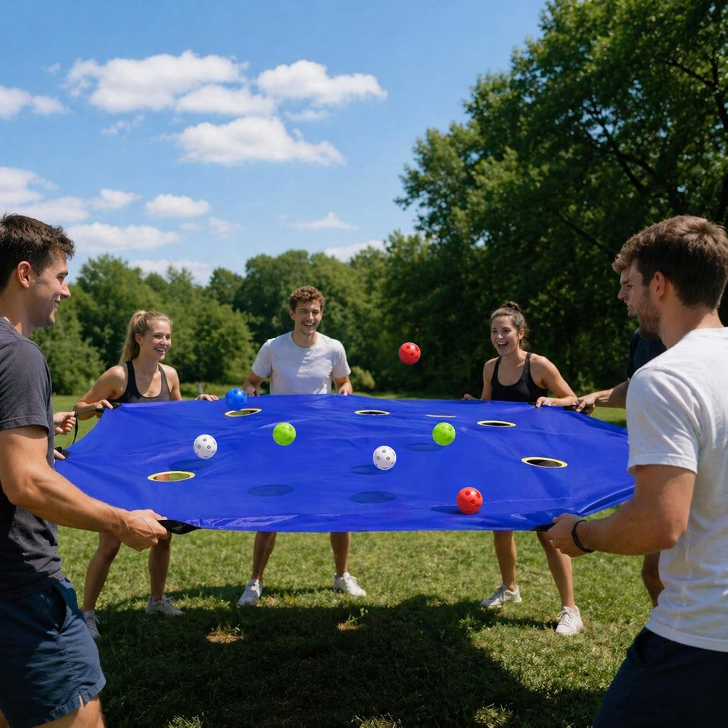 Blue Team Building Activity Tarp with Holes and 8pcs Balls, Office School Field Day Group Teamwork Game, Church Rally, Gym Class Exercise, Family Reunion Fun, Outdoor Party Activity