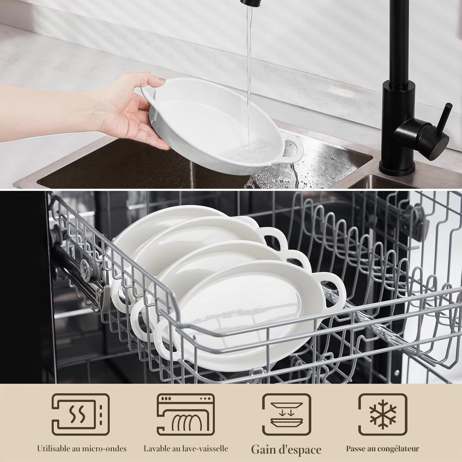 MALACASA Série BAKE, 4 Pièces Moule à Soufflé avec Poignées, 670ml Plats à Gratin Individuel, Plats à Four en Céramique pour Brûlée, Quiché, Tarte, Pasta-20.7cm, Ovale(Blanc)