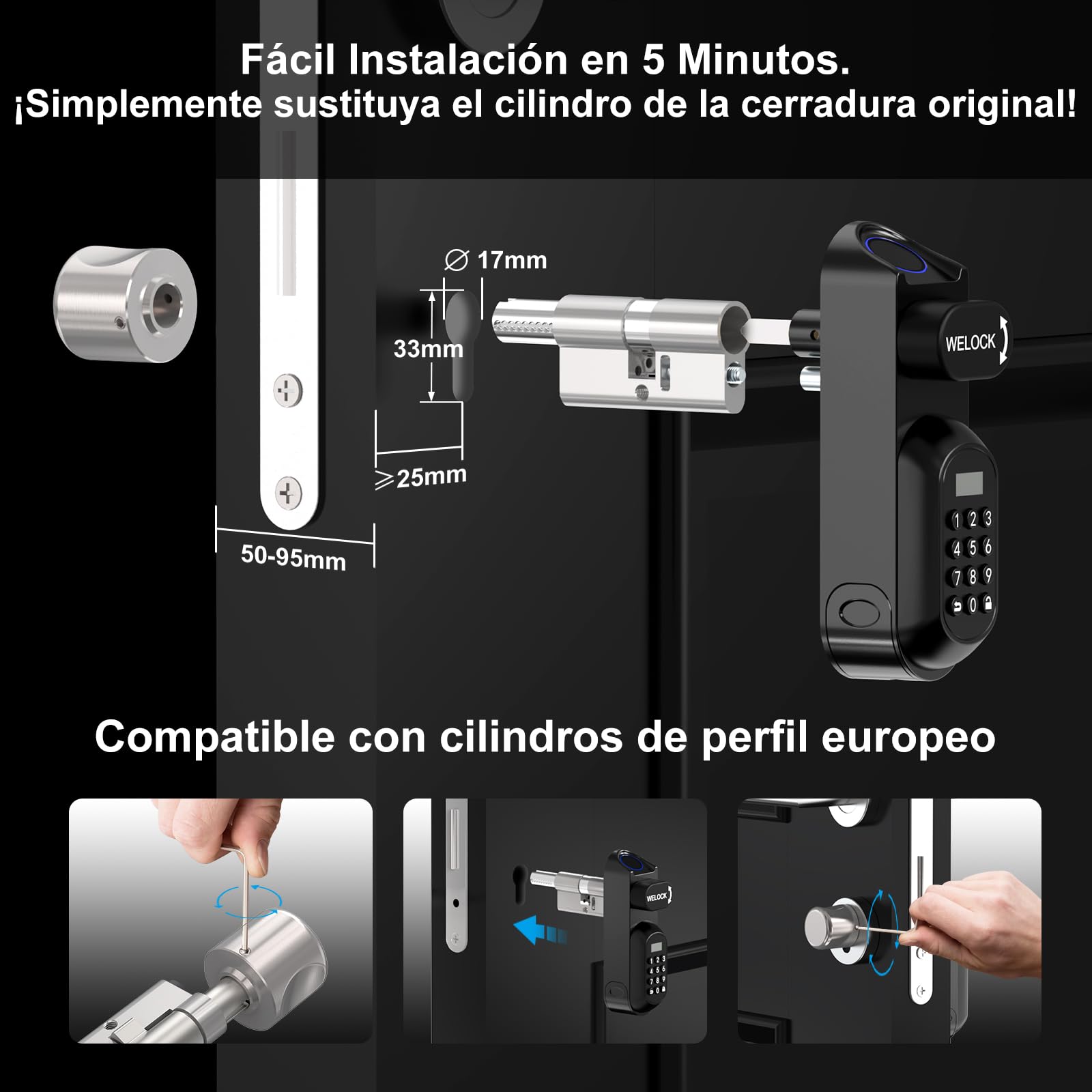 WELOCK U81 Smart Lock,Cerradura Inteligente con Huella Digital,Contraseña,Tarjeta RFID y APP,Cerradura Inteligente WiFi,cerradura electronica exterior para puertas de 50-90mm,Fácil instalación