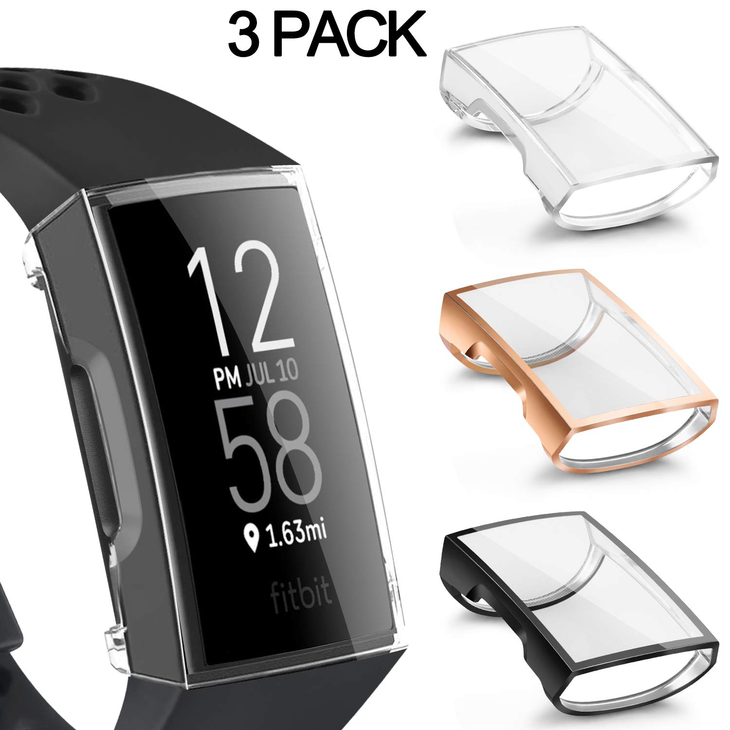 Pack 3 Screen Protector for Fitbit Charge 4 / Charge 3 / Charge 3 SE, Ultra-Thin Slim Soft TPU Protective Case All-Around Full Cover Bumper Shell for Fitbit Charge 4/3 (Clear+Rose Gold+Black)