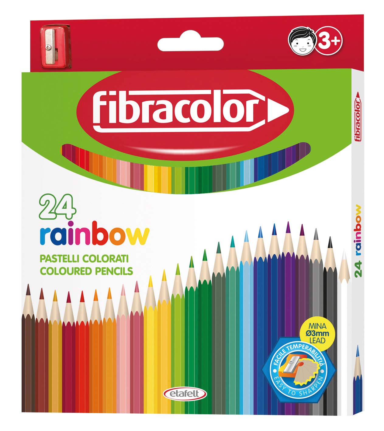 FIBRACOLOR Rainbow - Estuche de 24 lápices de colores de madera hexagonales con punta fina