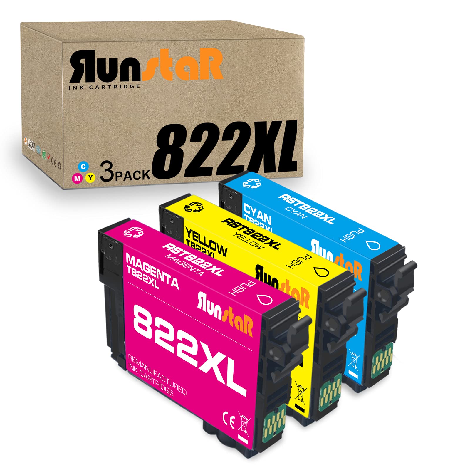Run Star Remanufactured 822XL 3-Pack Ink Cartridge Replacement for Epson 822XL T822 T822XL Work with Epson Workforce Pro WF-3820 WF-4820 WF-4830 WF-4833 WF-4834 Printer (Cyan Magenta Yellow)