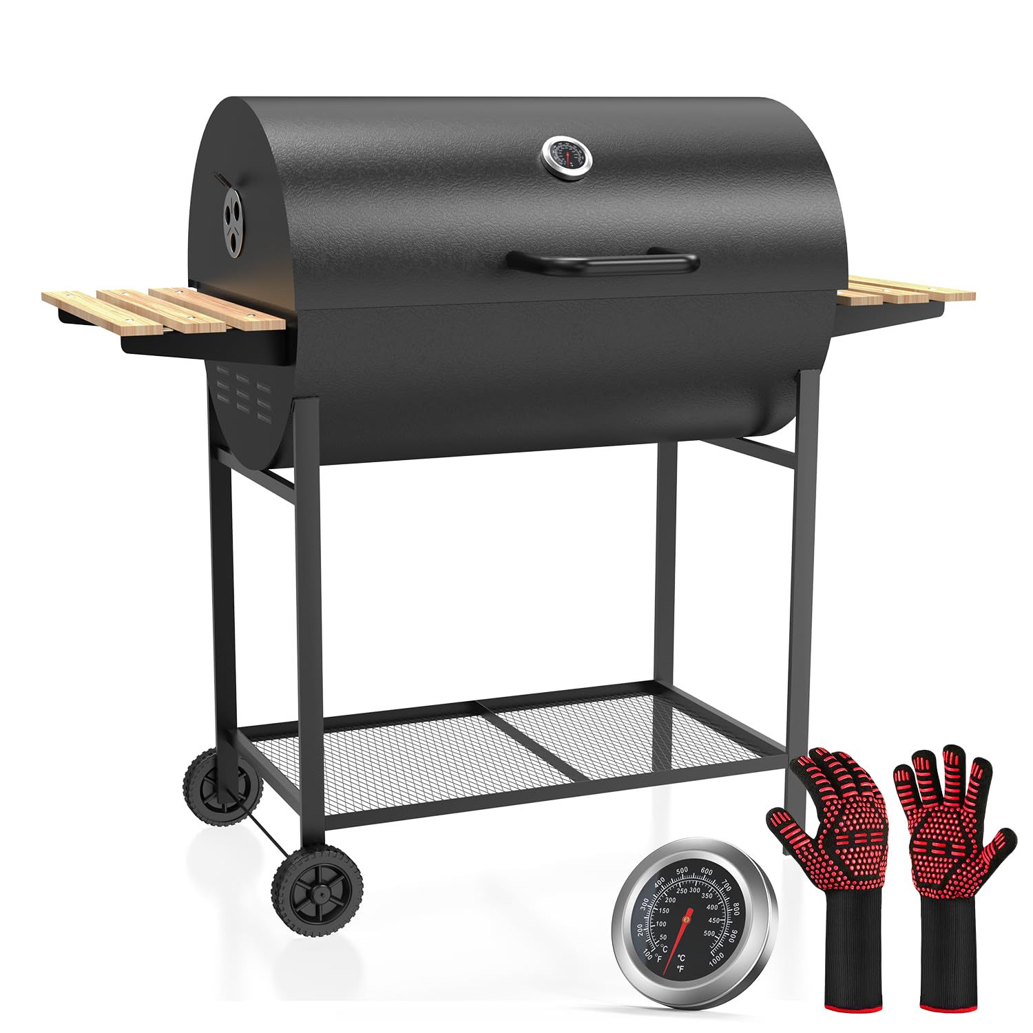 Carro XXL per grigliate, affumicatore per barbecue, barbecue a carbone con coperchio, griglia camino per barbecue a carbone, forno ahumador e accessori per barbecue, con guanti da barbecue XX-Large