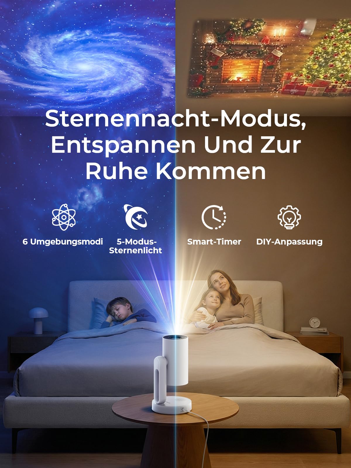 Mini Beamer mit Google TV/Netflix offiziell, ETOE Sternenhimmel-Projektor mit Autofokus/Keystone, FHD 1080P, Sprachsteuerung, Vollständig Geschlossen, 140° Schwenkbar, Nachtlicht für Schlafzimmer