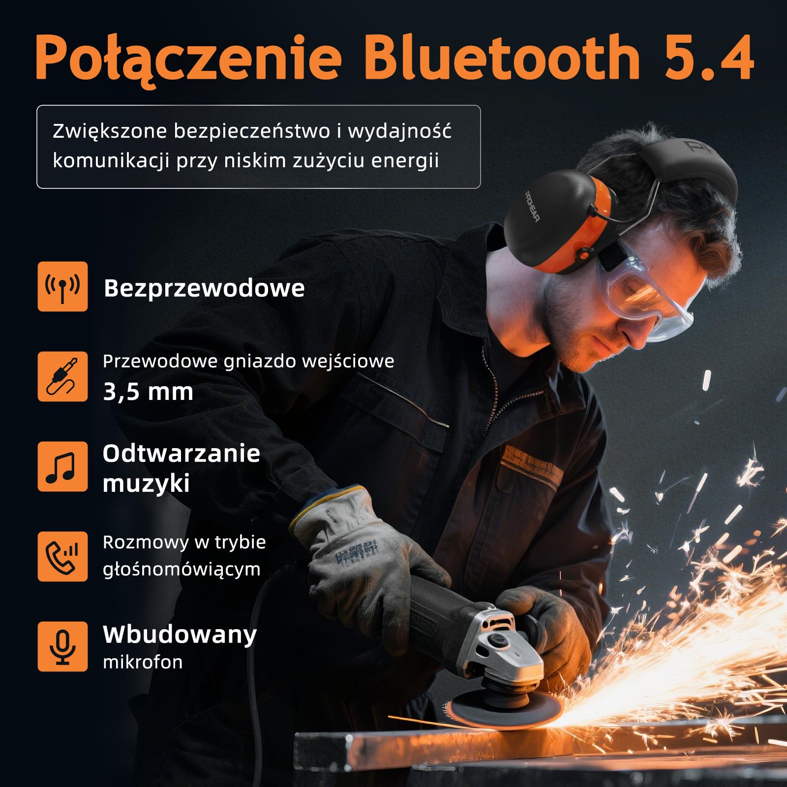 PROHEAR 037 Ochrona słuchu z Bluetooth, słuchawki z technologią BT 5.4 z wbudowanym mikrofonem i redukcją hałasu do koszenia i hałaśliwych aktywności rekreacyjnych, SNR 30 dB, NRR 25 dB - pomarańczowy