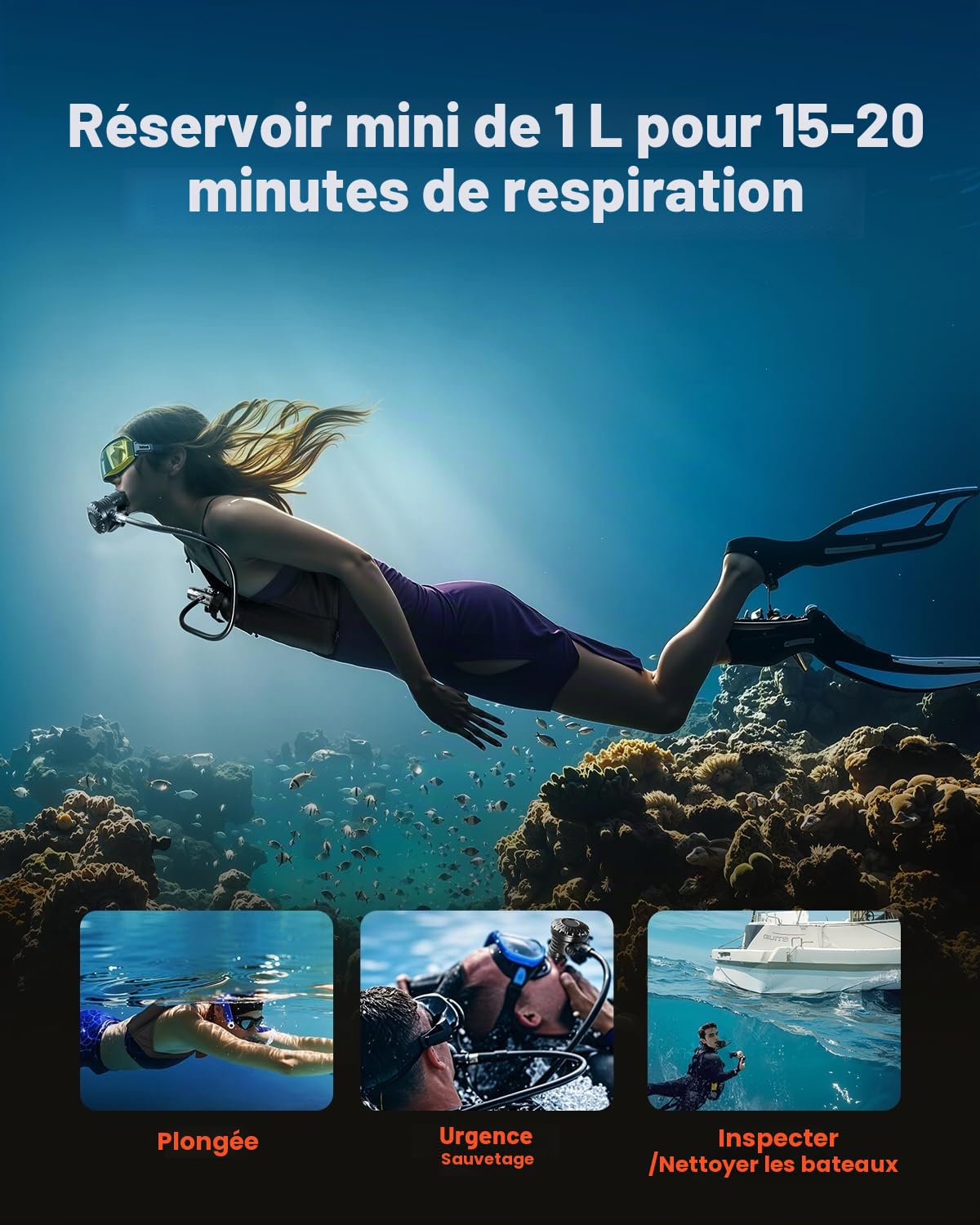 VEVOR Bouteille de plongée Portable de 1 L, Bouteille d'oxygène avec Pompe, pour Respiration 15-20 Minutes, Profondeur de plongée de 30 m, réservoir d'air Rechargeable pour Exploration sous-Marine