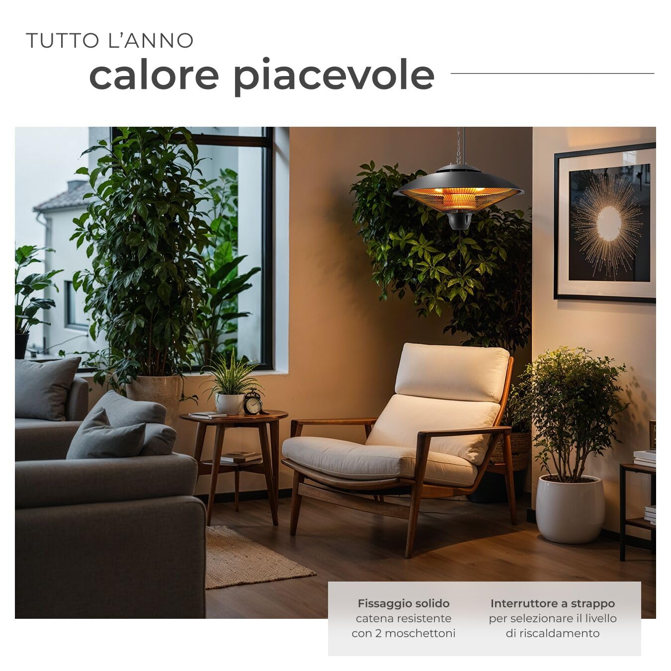 Tectake Riscaldatore a Infrarossi 2500W da Appendere, Struttura in Alluminio Inossidabile, Nero