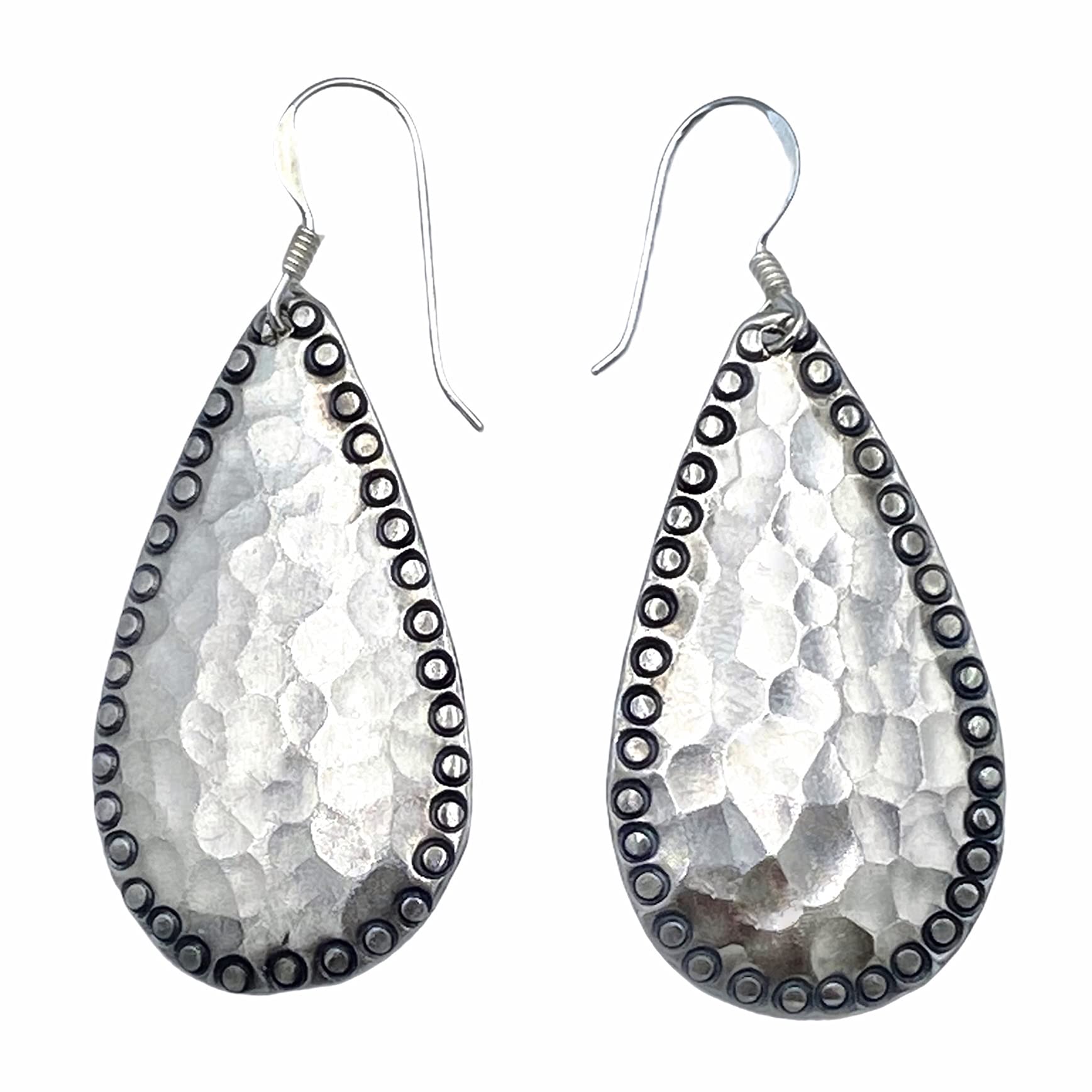 HandmadeHammered Sterling Silver Handmade Drop shape Dangle Earrings, 1 7/8" long, Light-reflecting Shiny Hammered Textured, Gift for Her