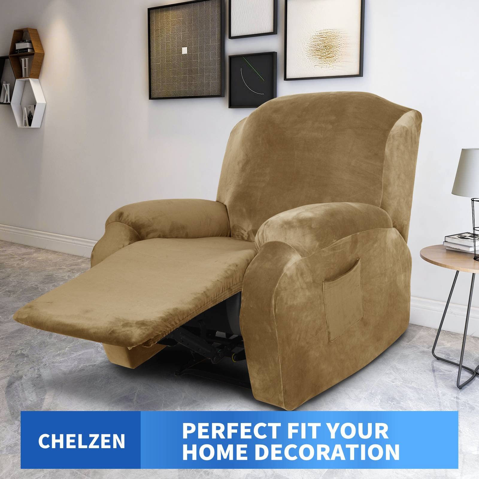 CHELZEN Velvet 4 Piece Recliner Cover Stretch Soft Cover for Recliner Chair Thick Soft Recliner Chair Slipcover (Recliner, Camel) - Image 2
