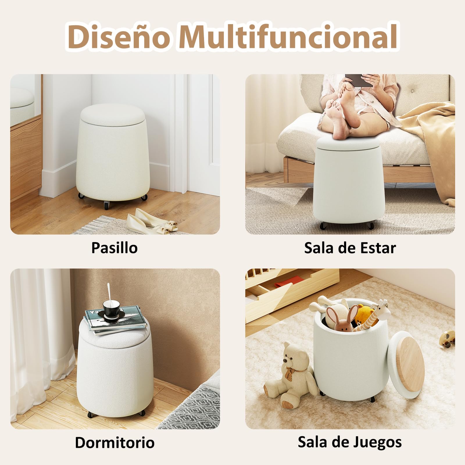 Hellove Puff Almacenaje Bouclé, Redondo Taburete Baúl con Tapa Reversible, Asiento Acolchado, Silla de Maquillaje con Ruedas Ø37 x 45cm para Salón, Dormitorio y Pasillo, Blanco Crema