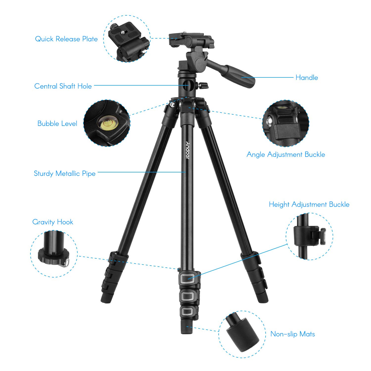 Andoer Treppiede per Fotocamera con colonna centrale Transversal, con testa girevole e inclinabile a 3 vie per fotocamere DSLR, videocamere, mini proiettore