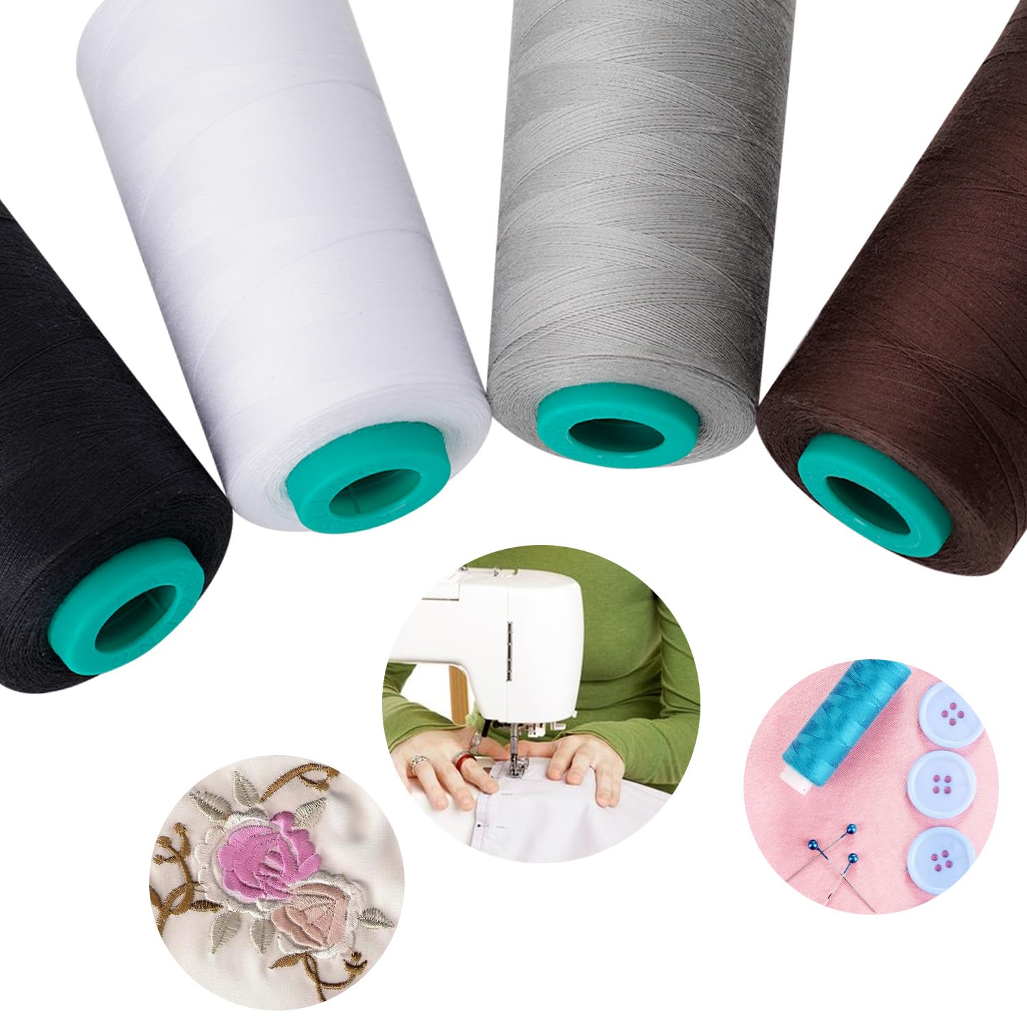 Nähgarnkegel, 4 Stück, 3000 m, Allzweck-Polyestergarn zum Nähen, Quilten, Overlock, Stickerei (Schwarz, Weiß, Braun, Grau)