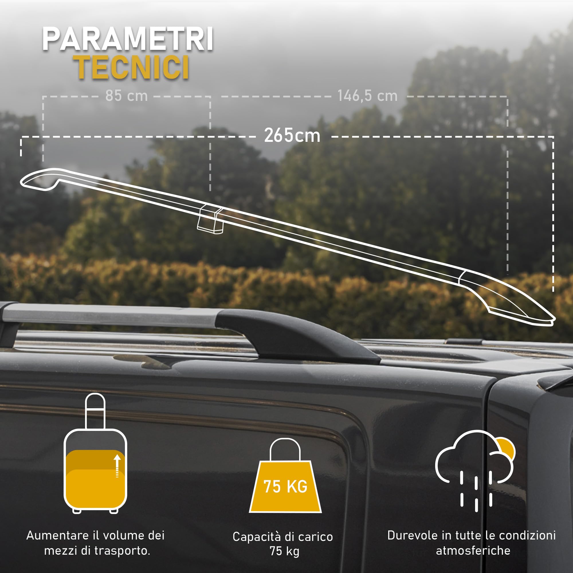 Barre Portatutto Per Tetto VW T6.1 Caravelle Long 2019+ CHROMEMASTER - In Alluminio, Portata 75 Kg, Colore Nero