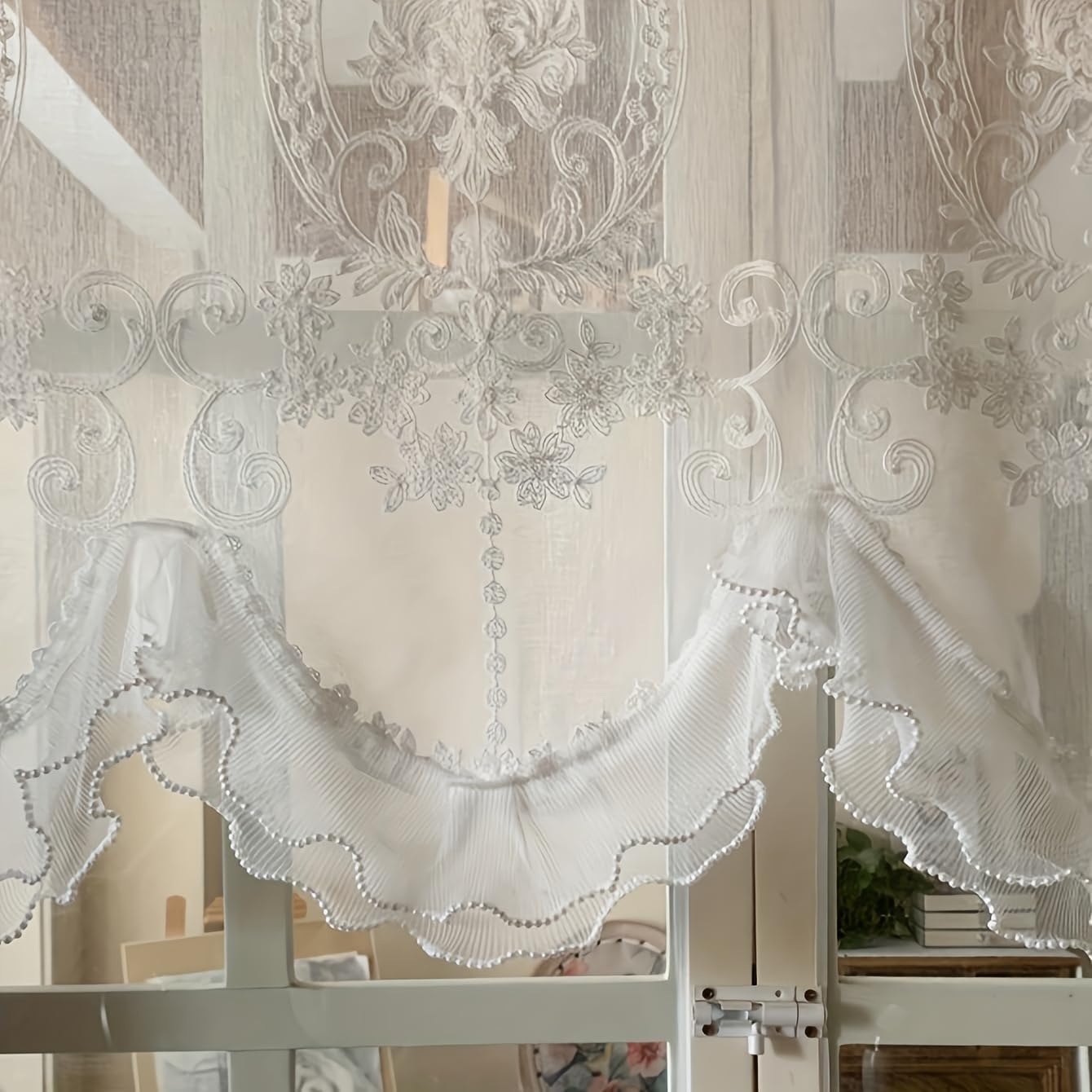 1pc Elegant French-Inspired Lace Window Valance with Pearl Trim - Glamorous Princess Style, Thermal Insulating, Semi-Transparent 45" W x 21" L
