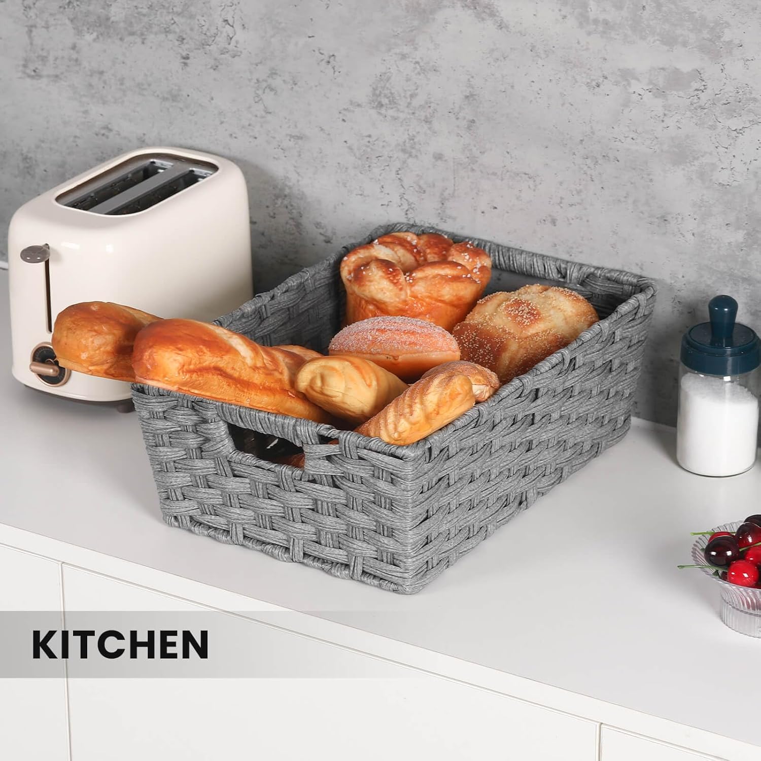 Large Wicker Storage Basket, Metal Frame, Set of 2, Washable Waterproof, 15" x 10.3" x 5.2", Grey Color, Woven Basket for Pantry, Toilet, Bathroom, Bedroom, Patio - Image 5