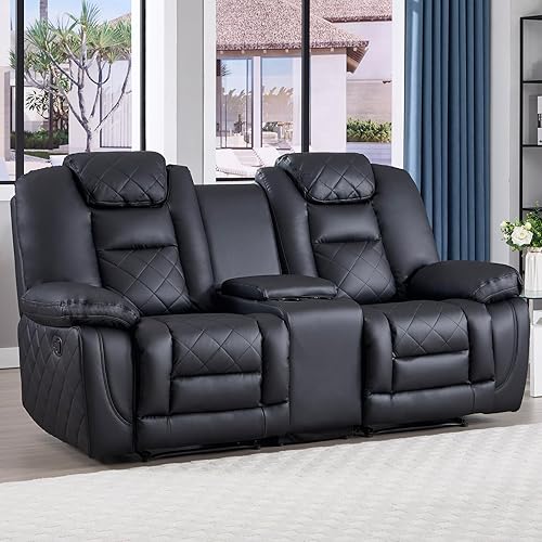 EBELLO Sofá Reclinable Manual Loveseat de Cuero Sintético, Sillón Sofá Reclinable de 2 Asientos con Consola Central, Almacenamiento Oculto y