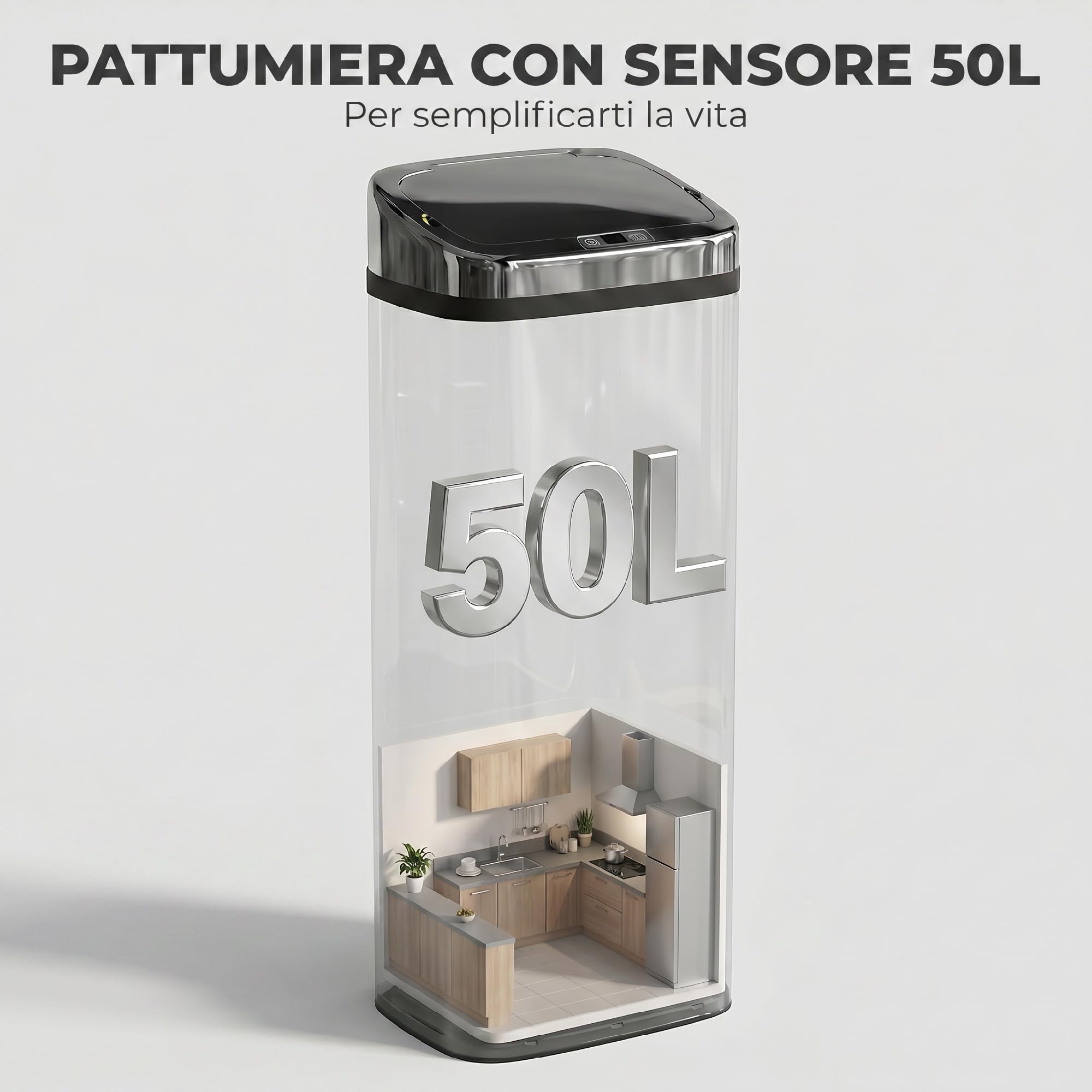 HOMCOM Cestino Spazzatura da 50L con Sensore, Pattumiera Intelligente con Apertura e Chiusura Automatica, Bidone per Rifiuti in Acciaio, 33x25x84 cm, Argento