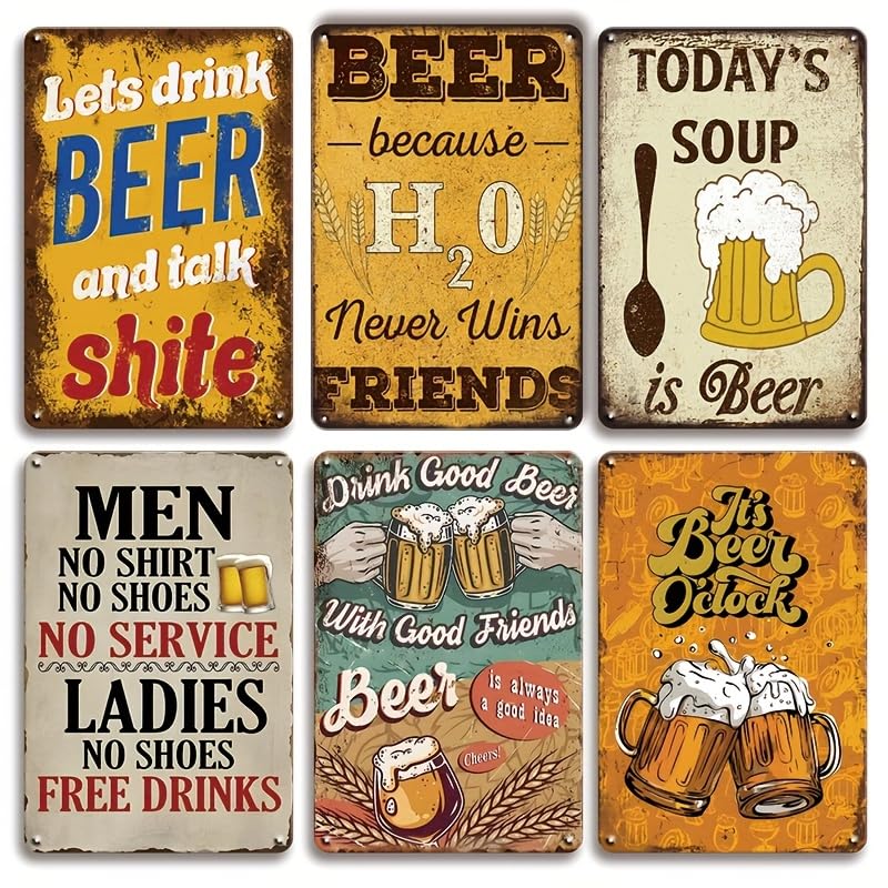 6 PCS Vintage Beer Metal Tin Signs - Retro Wall Art for Bar, Pub & for Man Cave Decor Home Garage Living Room Kitchen, Gift for Man Dad Husband 14x20 CM