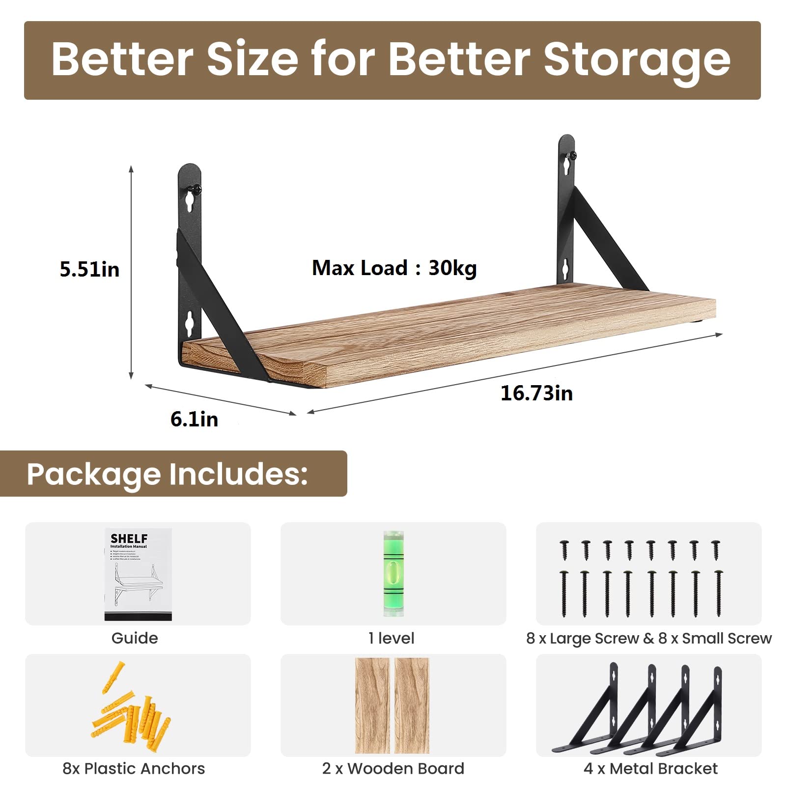 AGM Wandregal Holz, Regal Wand 2er Set, Dekorativ Regale für Wände, Tiefe 15cm, Länge 42.5cm Wandboard für Wohnzimmer, Schlafzimmer, Badezimmer, Küche, Büro