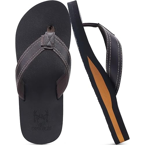KuaiLu Men's Yoga Mat Leather Flip Flops with Arch Support Comfortable Cushion Walking Thong Sandals Slip On Indoor Outdoor
