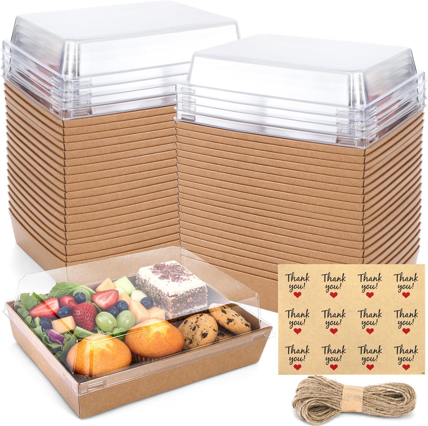 Hiceeden 50 Pack Charcuterie Boxes with Clear Lids, 18x13cm Paper Bakery Dessert Sandwich Box, Disposable Food Containers with Rope and Sticker for Cookies, Donuts, Salad, Pastry, Strawberries, Brown