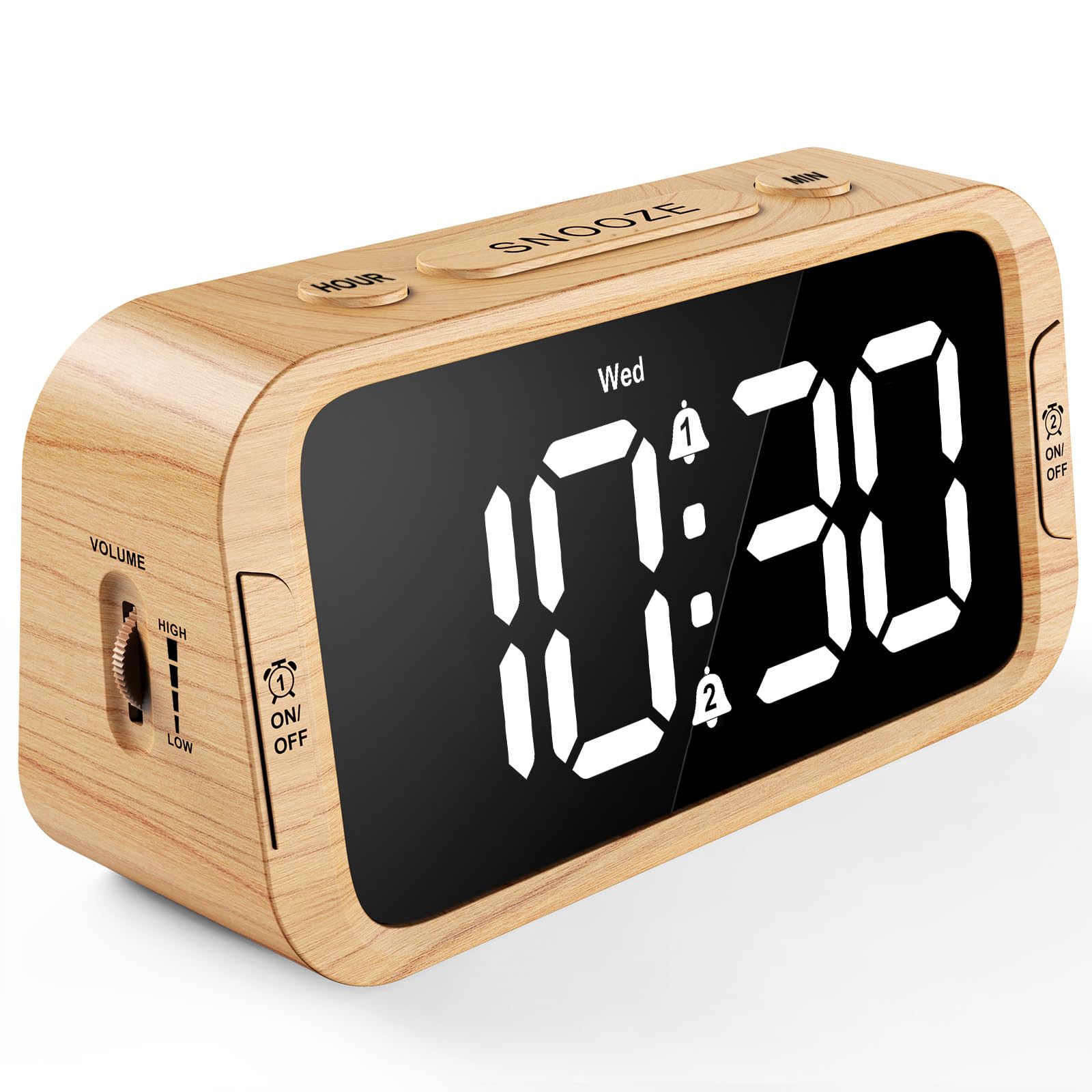 Digital Dual Alarm Clock for Bedroom, 0-100% Dimmer, Weekday/Weekend Mode, Easy to Set, USB Charger, Adjustable Alarm Volume with 5 Alarm Sounds, Snooze, 12/24Hr, Battery Backup (Wood Grain)