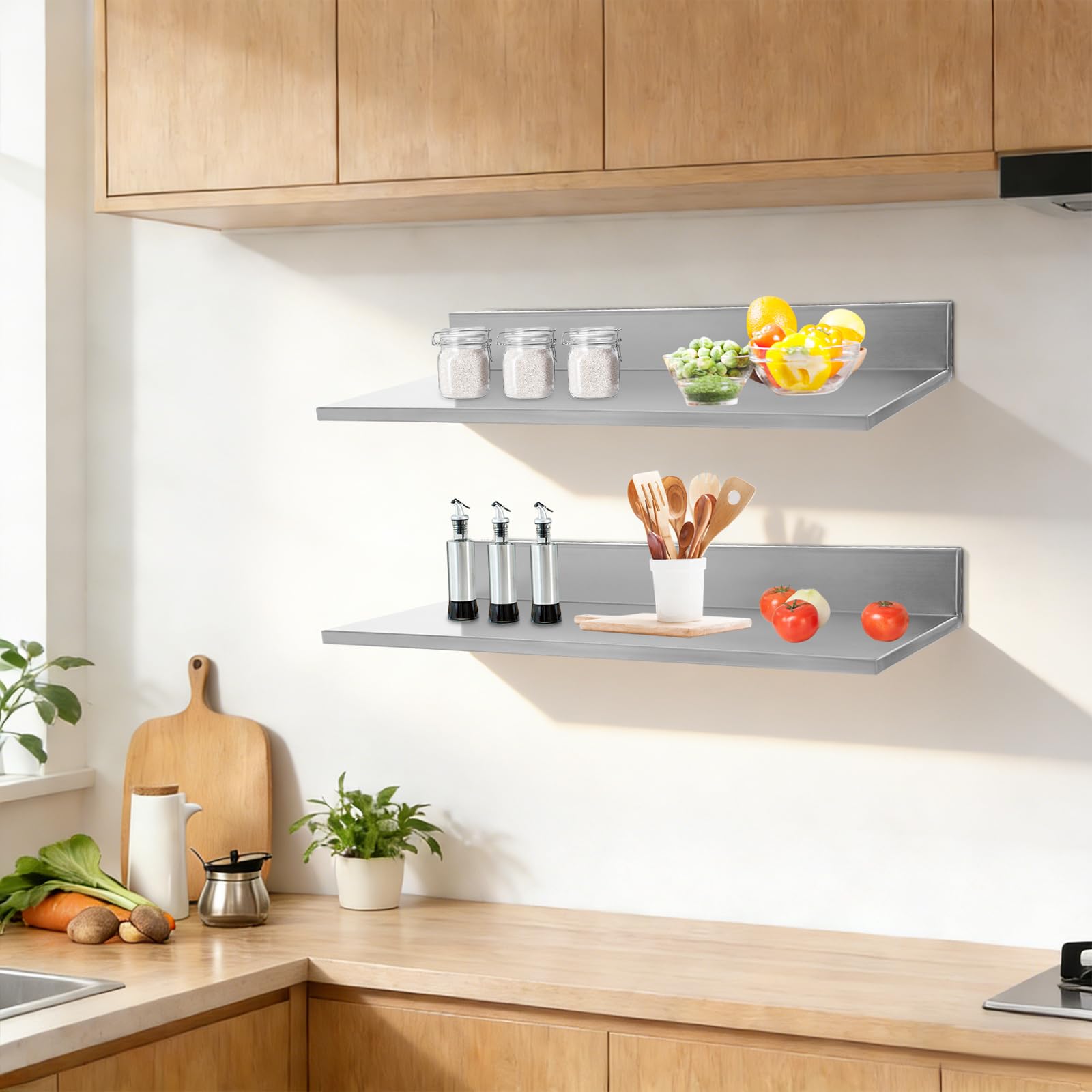 Estantería para especias de pared de acero inoxidable, juego de 2 unidades, estante para especias colgante, 18 kg, estante de cocina para especias, soporte para utensilios de cocina, montaje en